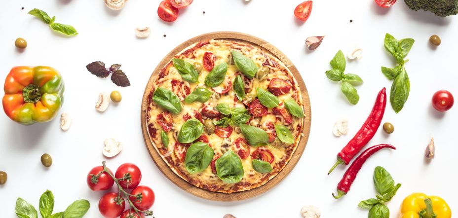 Flat,Lay,With,Italian,Pizza,On,Wooden,Board,And,Various